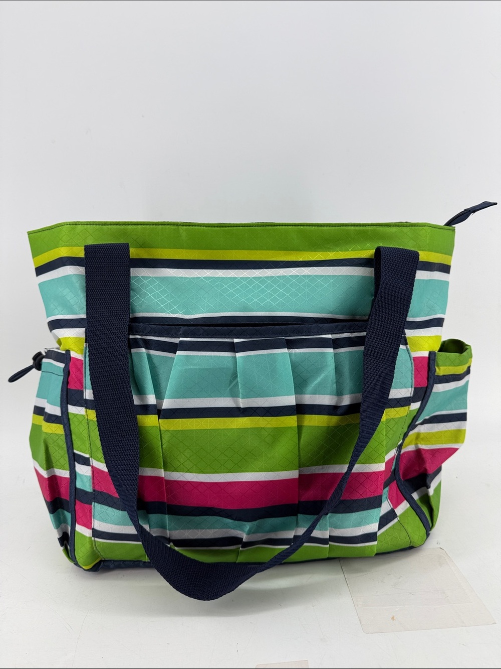 THIRTY-ONE Striped Multi-Color Tote Bag with Navy Handles